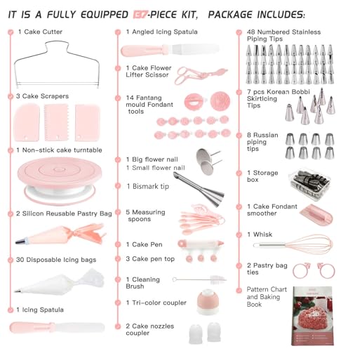 Boyun Cake Decorating Kit,137pcs Cake Decorating Supplies with Cake Turntable for Decorating,Pastry Piping Bag,Russian Piping Tips Baking Tools, Cake Baking Supplies for Beginners(Light Pink) - Image 3