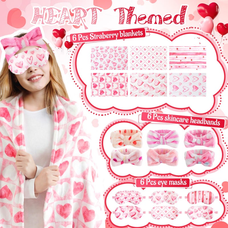 Fanfanwin 18 Pcs Valentine's Day Heart Blanket, Sleepover Party Supplies for Girls, Pink Valentine's Blanket 6 Spa Headband 6 Plush Pink Eye Mask Cover for Slumber Sleepover Spa Party Gift(Heart) - Image 3