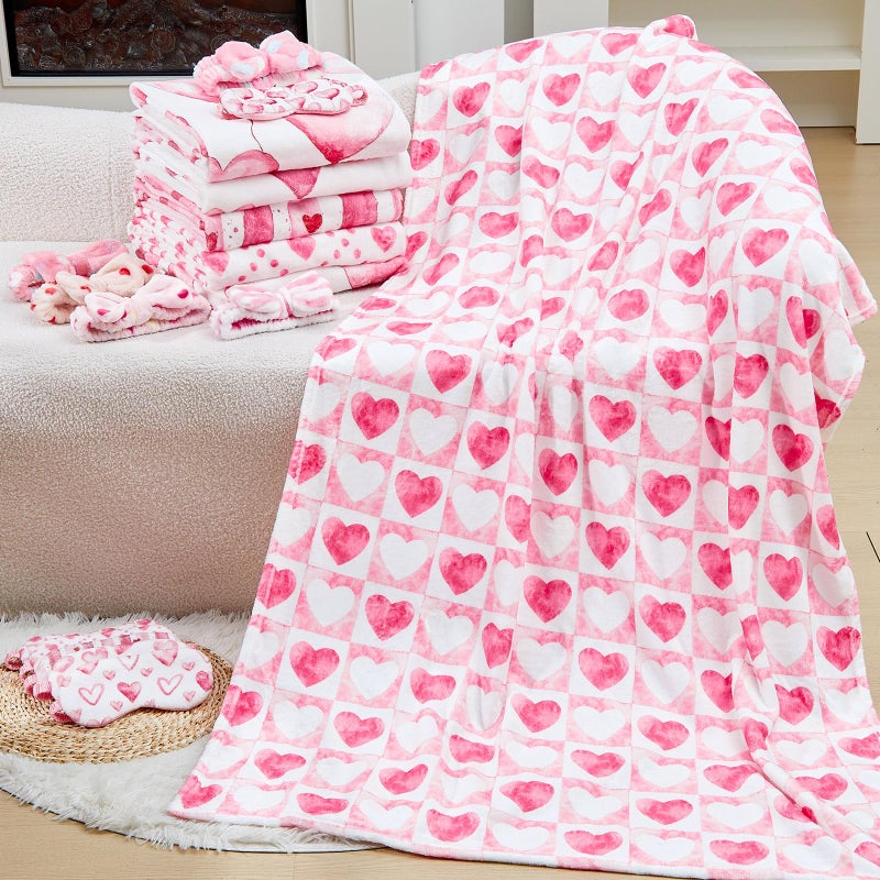Fanfanwin 18 Pcs Valentine's Day Heart Blanket, Sleepover Party Supplies for Girls, Pink Valentine's Blanket 6 Spa Headband 6 Plush Pink Eye Mask Cover for Slumber Sleepover Spa Party Gift(Heart) - Image 4
