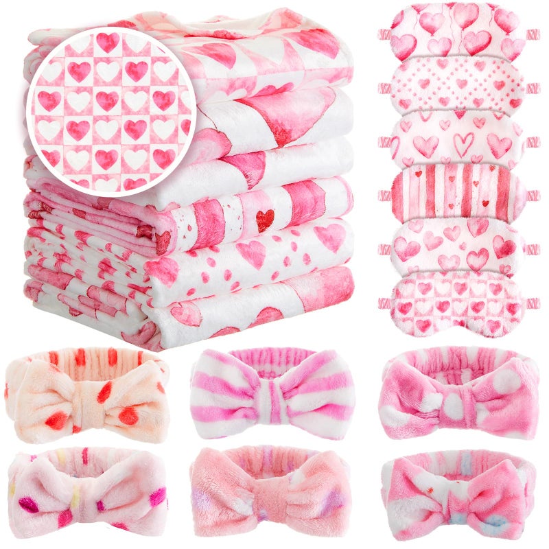 Fanfanwin 18 Pcs Valentine's Day Heart Blanket, Sleepover Party Supplies for Girls, Pink Valentine's Blanket 6 Spa Headband 6 Plush Pink Eye Mask Cover for Slumber Sleepover Spa Party Gift(Heart) - Image 1