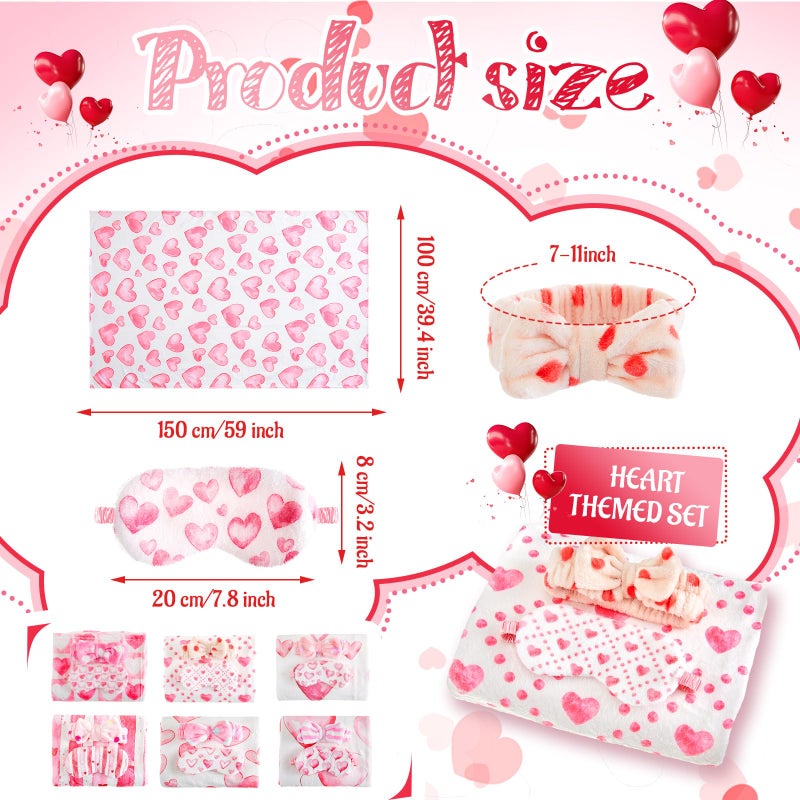 Fanfanwin 18 Pcs Valentine's Day Heart Blanket, Sleepover Party Supplies for Girls, Pink Valentine's Blanket 6 Spa Headband 6 Plush Pink Eye Mask Cover for Slumber Sleepover Spa Party Gift(Heart) - Image 2