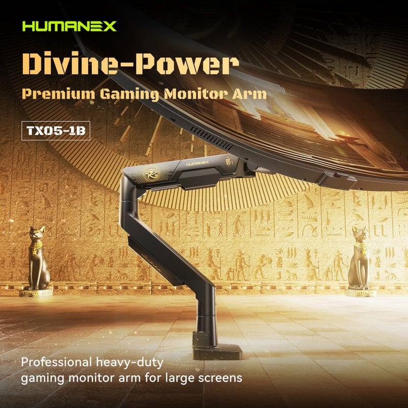 Humanex Divine Power Premium Professional Gaming Monitor Arm, Heavy Duty Single Monitor Desk Mount for 24–57″ Screens, Supports up to 27 kg, Full Motion Tilt, Swivel and 180° Screen Rotation, VESA 75×75 / 100×100, Built In Cable Management, C-Clamp and Grommet – ( Model TX05 1B – Matte Black ) - Image 3
