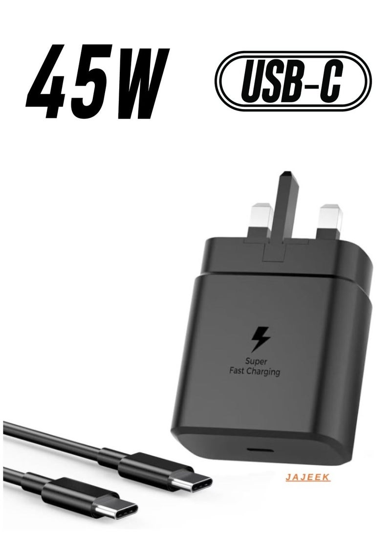 JAJEEK Fast Charger for Samsung Galaxy, 45W Charger Head with Charging Cable, Super-Fast Charging (UK Plug with USB Type-C Cable), Black – Quick Power Delivery for Phones, Tablets, Laptops, and More, Ideal Travel Adapter - Image 1