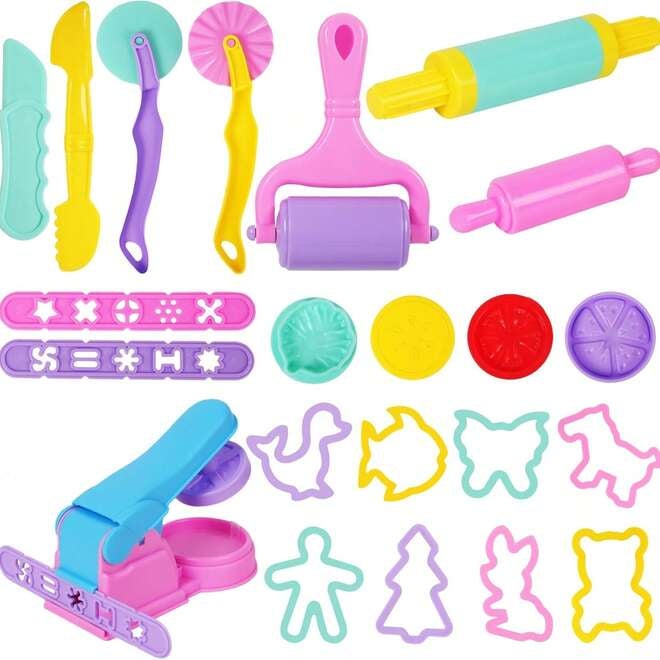 7/8/15/22pcs Children Clay Modeling Tools & Accessories, Macaron Color Plastic Playdough Toys With Animal Shaped Molds, Playdough Tool Set (Random Color And Style)