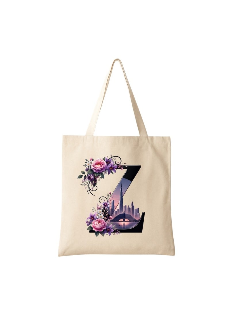 PRINTSHOP4ME Eco-Friendly Initial Tote Bag  – Canvas Shopping Bag With Floral & Dubai Skyline Print | Reusable Bridesmaid Gift,Wedding Favor,Everyday Carryall - Image 1