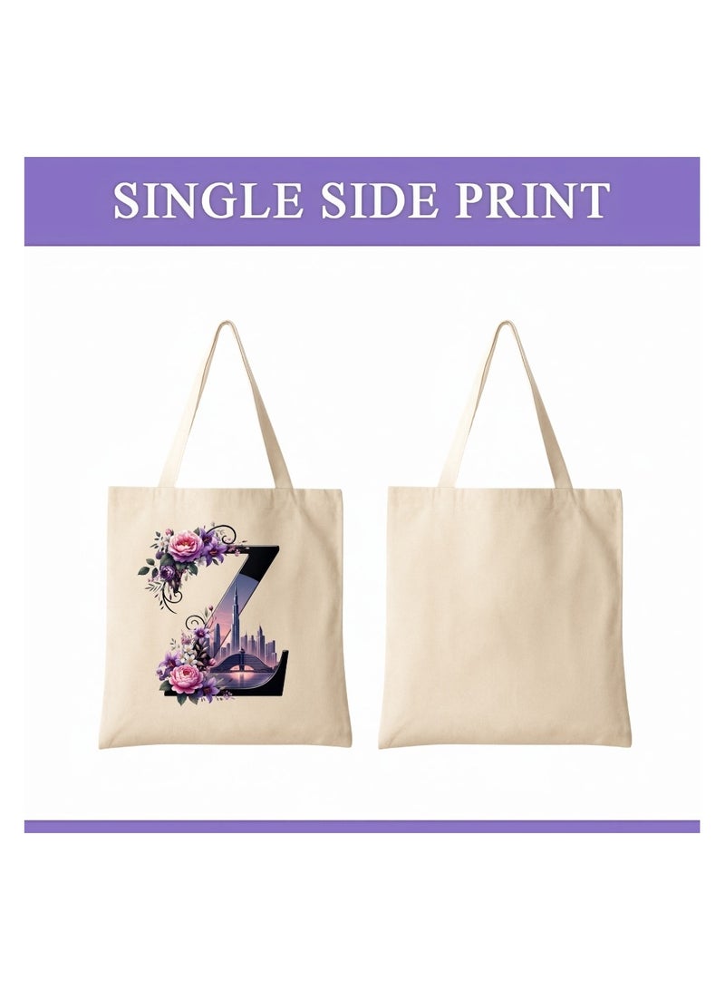 PRINTSHOP4ME Eco-Friendly Initial Tote Bag  – Canvas Shopping Bag With Floral & Dubai Skyline Print | Reusable Bridesmaid Gift,Wedding Favor,Everyday Carryall - Image 2