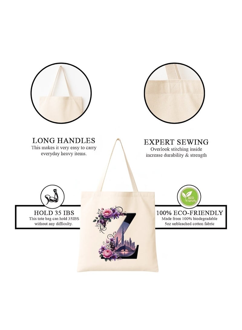 PRINTSHOP4ME Eco-Friendly Initial Tote Bag  – Canvas Shopping Bag With Floral & Dubai Skyline Print | Reusable Bridesmaid Gift,Wedding Favor,Everyday Carryall - Image 4
