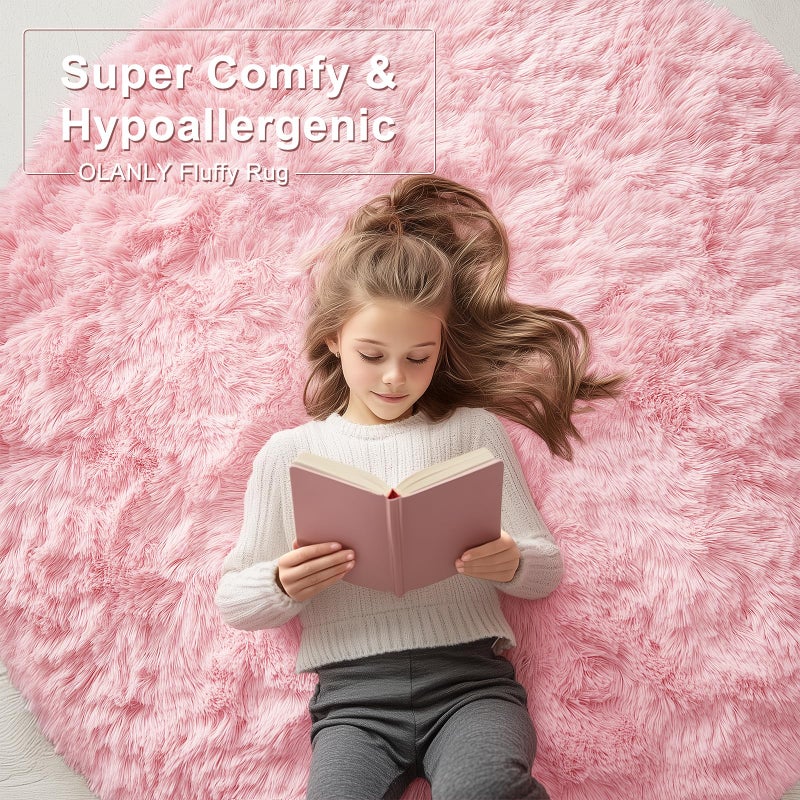 OLANLY Pink Round Rugs for Bedroom - Machine Washable, 6 ft Circle Area Rugs for Living Room, Soft and Fluffy Shaggy Carpet for Teen Girls and Boys, Nursery Rooms, Dorms, Home Decor Aesthetic - Image 5