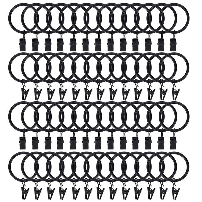 100PACK CURTAIN RINGS WITH CLIPS HOOKS RUSTPROOF METAL STAINLESS STEEL DRAPERY RINGS 15IN INTERIOR DIAMETER CURTAIN HANGERS CLIPS FITS DIAMETER 12 IN ROD VINTAGE BLACK