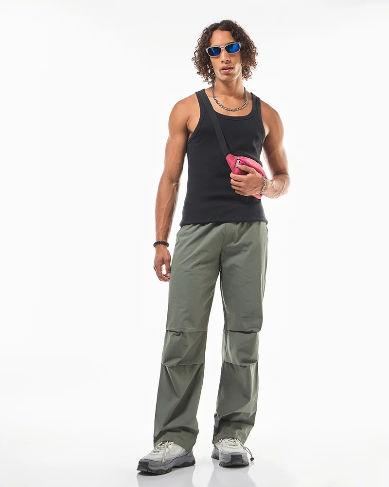 bewakoof  Men's Green Baggy Oversized Parachute Pants for Men | Best Price UAE