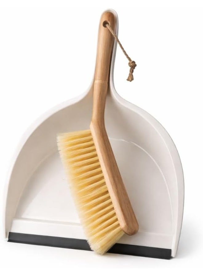 مجموعة جاروف وفرشاة تنظيف جاروف بلاستيك مع حافة مطاطية وفرشاة يد بمقبض خشبي شعيرات كثيفة لتنظيف الارضيات للمطبخ والمنزل والمكتب لون ابيض - Image 1