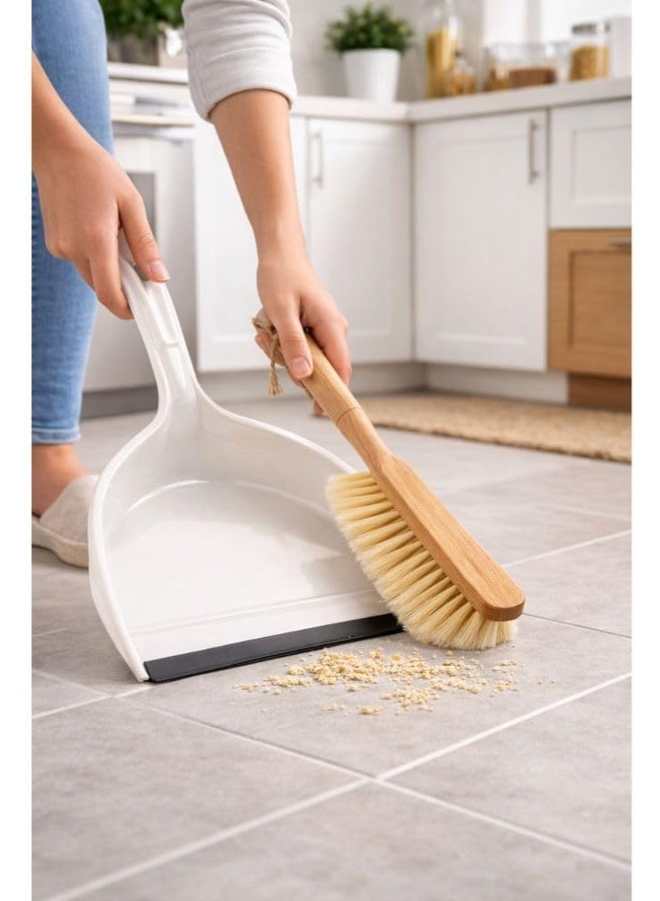 مجموعة جاروف وفرشاة تنظيف جاروف بلاستيك مع حافة مطاطية وفرشاة يد بمقبض خشبي شعيرات كثيفة لتنظيف الارضيات للمطبخ والمنزل والمكتب لون ابيض - Image 2