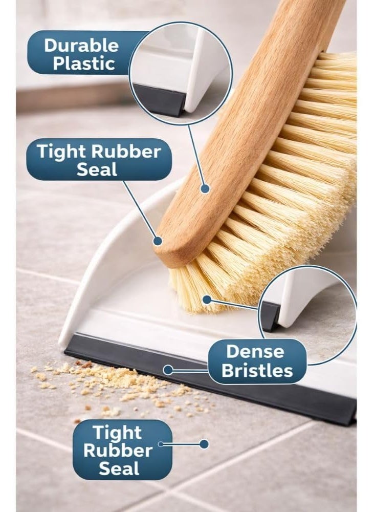 مجموعة جاروف وفرشاة تنظيف جاروف بلاستيك مع حافة مطاطية وفرشاة يد بمقبض خشبي شعيرات كثيفة لتنظيف الارضيات للمطبخ والمنزل والمكتب لون ابيض - Image 4