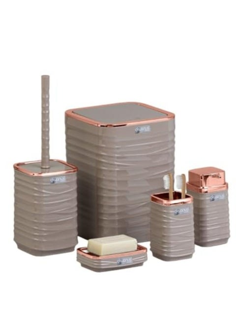 Luna Square 5 Piece Bathroom Set (Soap Dish Soap Dispenser Trash Can Toilet Brush & Holder Toothbrush Holder) (Rose Beige)