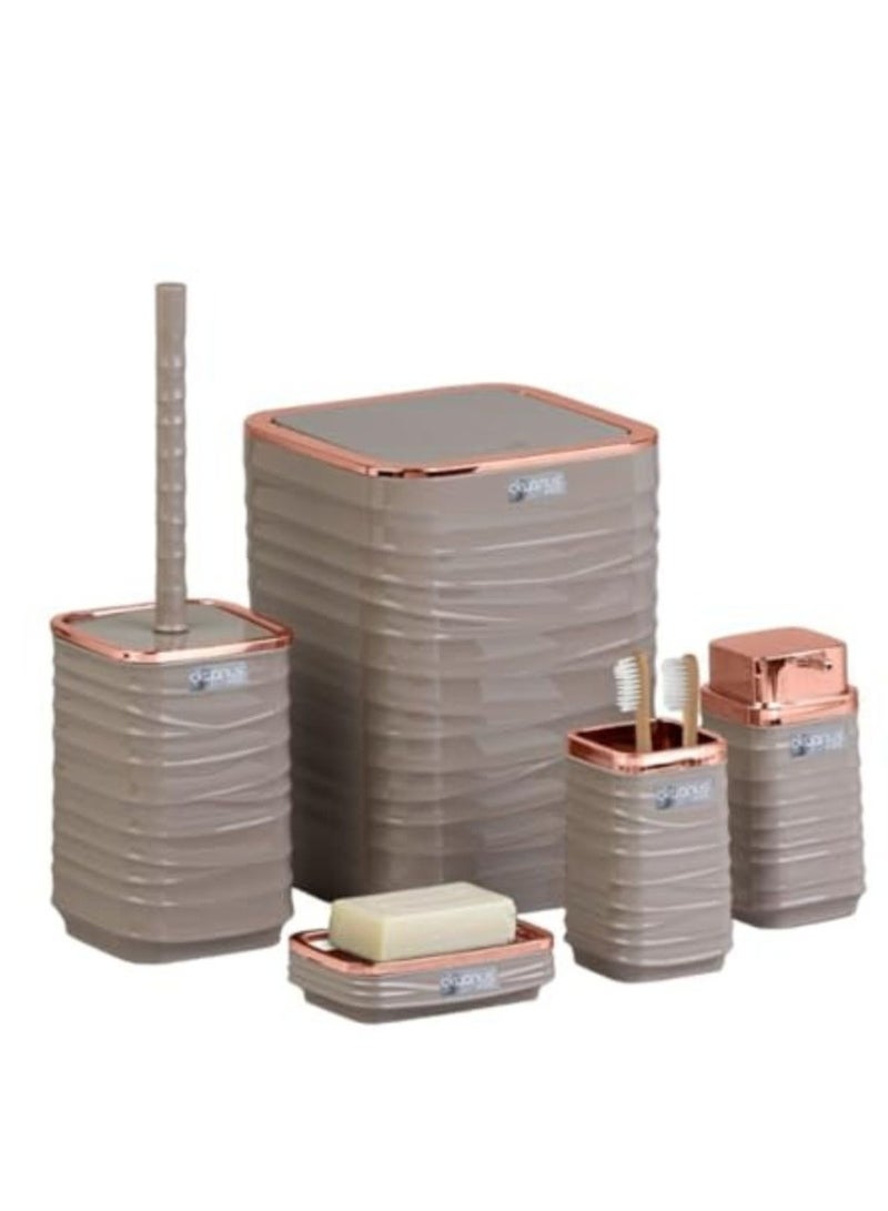 Luna Square 5 Piece Bathroom Set (Soap Dish Soap Dispenser Trash Can Toilet Brush & Holder Toothbrush Holder) (Rose Beige)