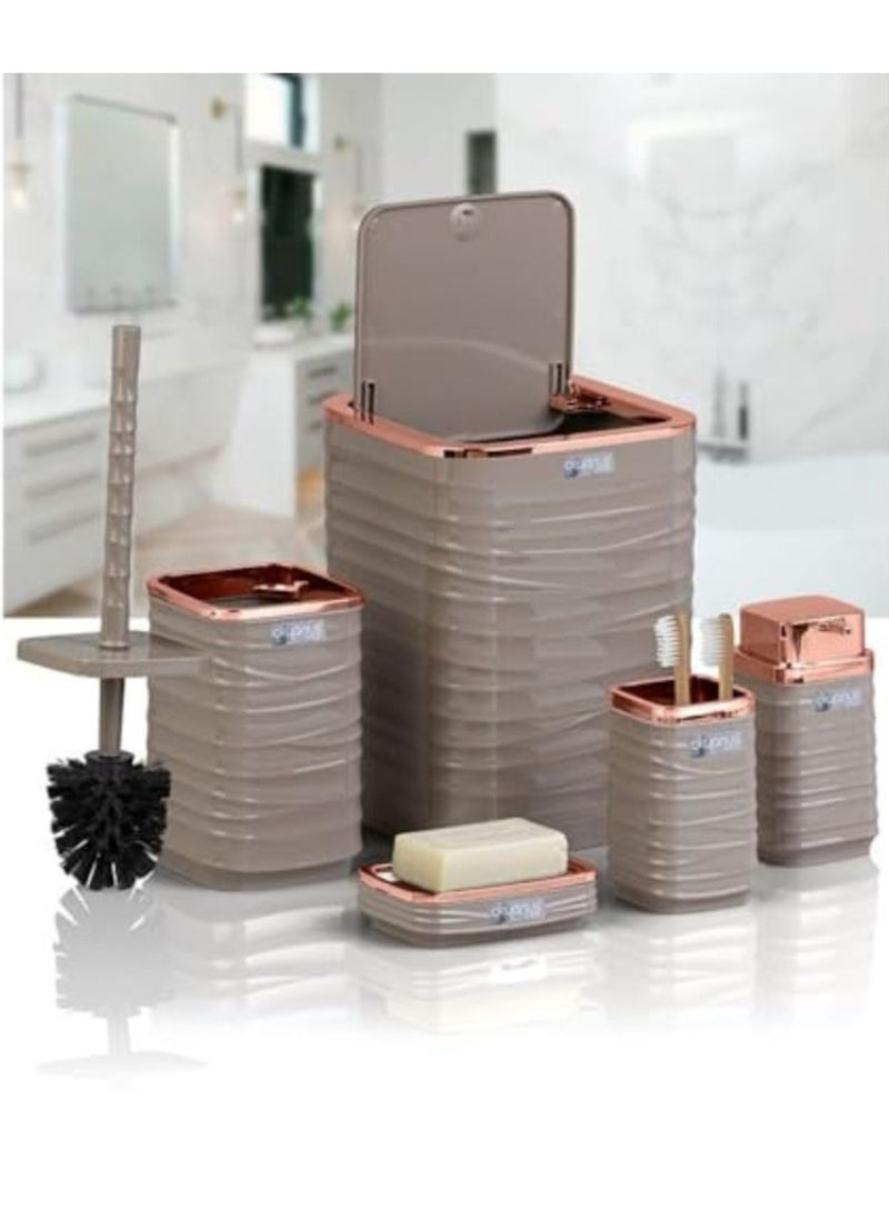 Luna Square 5 Piece Bathroom Set (Soap Dish Soap Dispenser Trash Can Toilet Brush & Holder Toothbrush Holder) (Rose Beige)