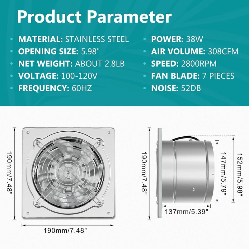 HG Power مروحة عادم 6 بوصة من HG Power: مراوح عادم المطبخ مع مفتاح، مروحة تهوية علية محمولة مع سلك طاقة 8 أقدام، مروحة تهوية مرآب قابلة للتركيب مع صمام، للورشة، قن الدجاج، القبو، غرفة التدخين، فضي - Image 3