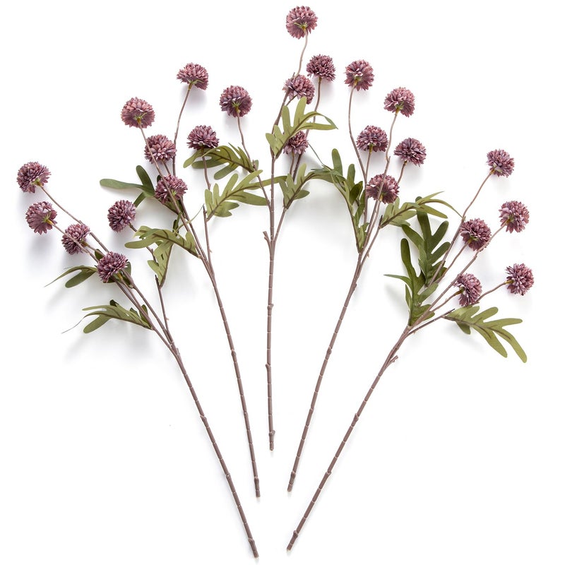 Laelfe Artificial Kiku Flower 5 Pcs Fake Pompon Mums Silk Small Chrysanthemum Faux Ball Fall Flower Stem Decor for Autumn Wedding Filler DIY Bouquet Centerpieces Arrangements Shower Grey Purple - Image 2