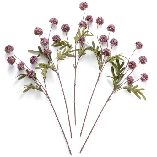 Laelfe Artificial Kiku Flower 5 Pcs Fake Pompon Mums Silk Small Chrysanthemum Faux Ball Fall Flower Stem Decor for Autumn Wedding Filler DIY Bouquet Centerpieces Arrangements Shower Grey Purple - Image 1