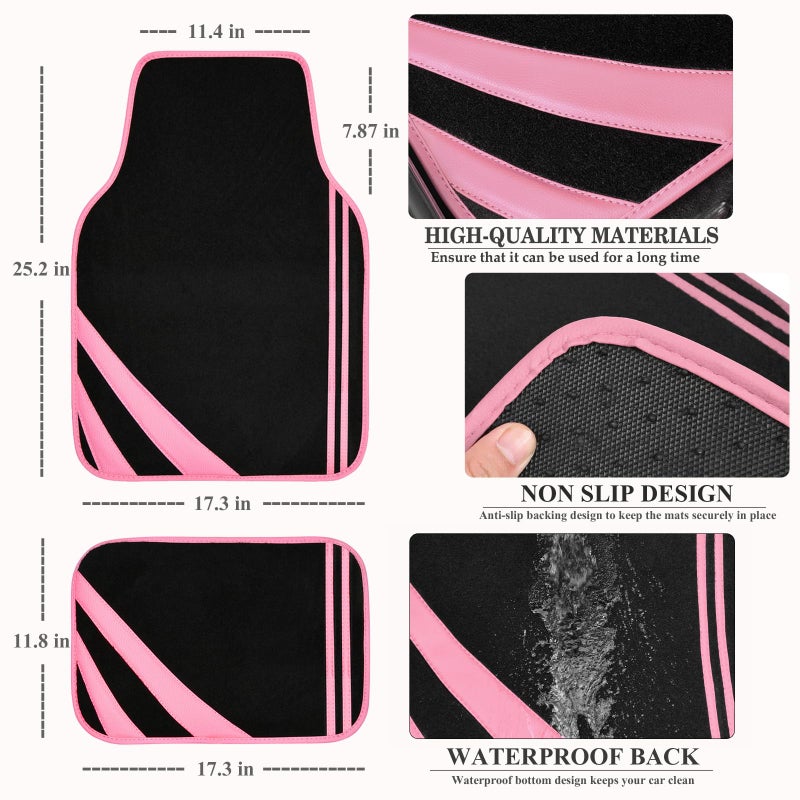 CAR PASS Pink Edge Faux Leather Car Floor Mats Universal Car Carpet Mats with Double Stitch Line Anti-Slip Backing Design, for Cute Girly Women, Fit 95% Automotive,SUVs,Sedan,Vans (Black and Pink) - Image 2