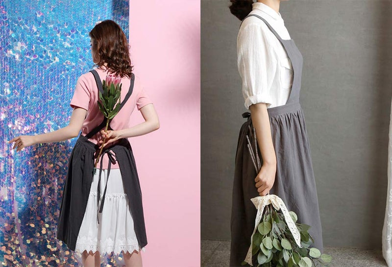 losofar Women Girls Vintage Apron Adjustable Gardening Works Cross Back Cotton/Linen Blend Aprons Pinafore Dress with Two Pockets (grey, one size) - Image 2