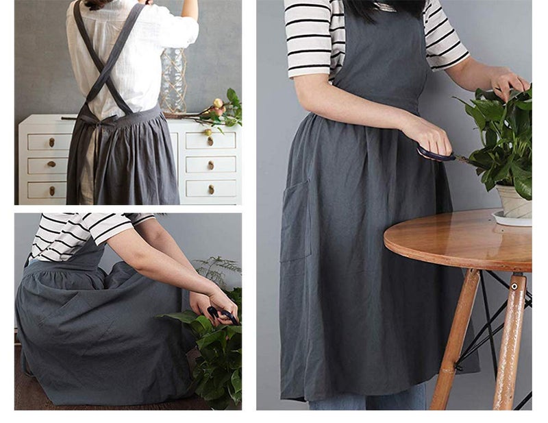 losofar Women Girls Vintage Apron Adjustable Gardening Works Cross Back Cotton/Linen Blend Aprons Pinafore Dress with Two Pockets (grey, one size) - Image 3