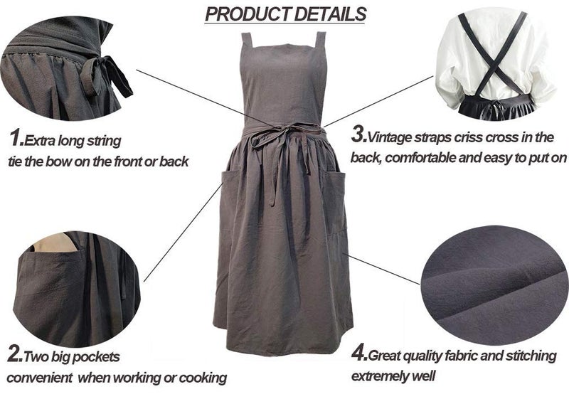 losofar Women Girls Vintage Apron Adjustable Gardening Works Cross Back Cotton/Linen Blend Aprons Pinafore Dress with Two Pockets (grey, one size) - Image 4