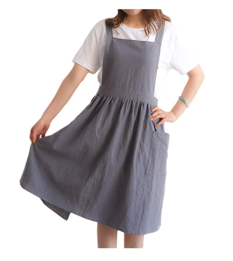 losofar Women Girls Vintage Apron Adjustable Gardening Works Cross Back Cotton/Linen Blend Aprons Pinafore Dress with Two Pockets (grey, one size) - Image 5