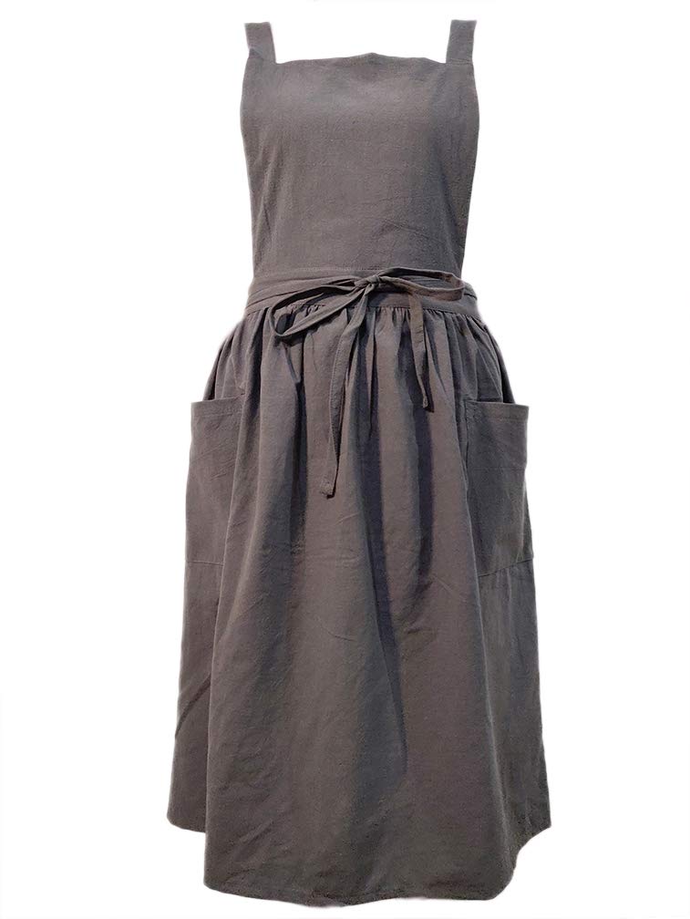 losofar Women Girls Vintage Apron Adjustable Gardening Works Cross Back Cotton/Linen Blend Aprons Pinafore Dress with Two Pockets (grey, one size) - Image 1