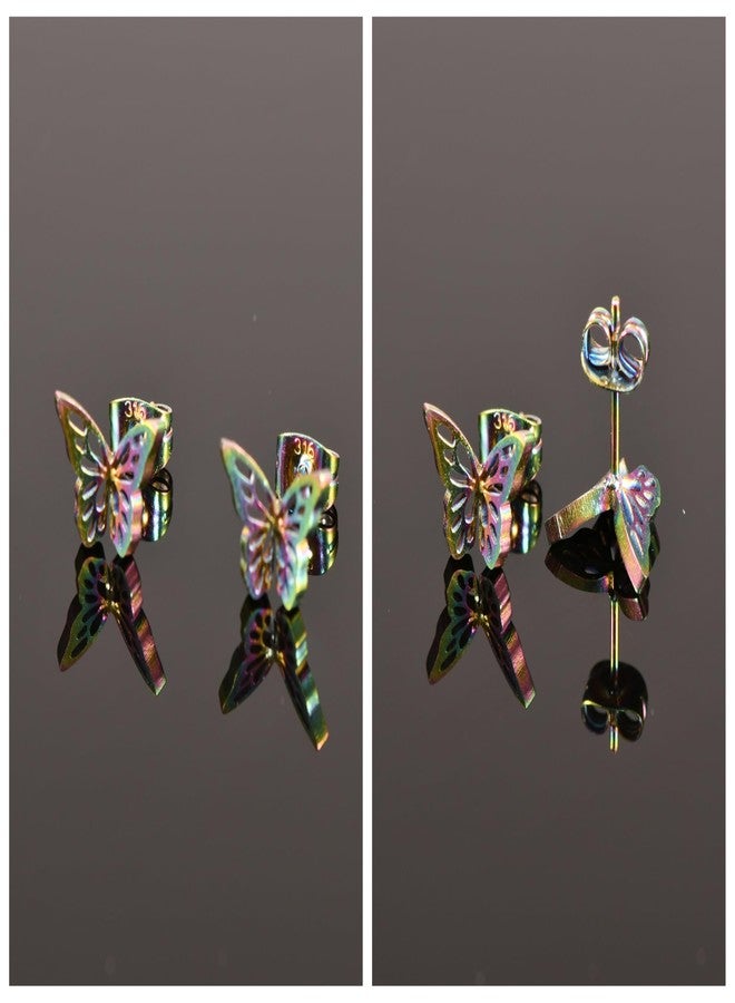Hopply Dainty Gold Rainbow Butterfly Stud Earrings for Women Hypoallergenic 20G Surgical Stainless Steel Post Cartilage Earrings Trendy Jewelry for Sensitive Ears (1 Pairs Rainbow-B) - Image 3