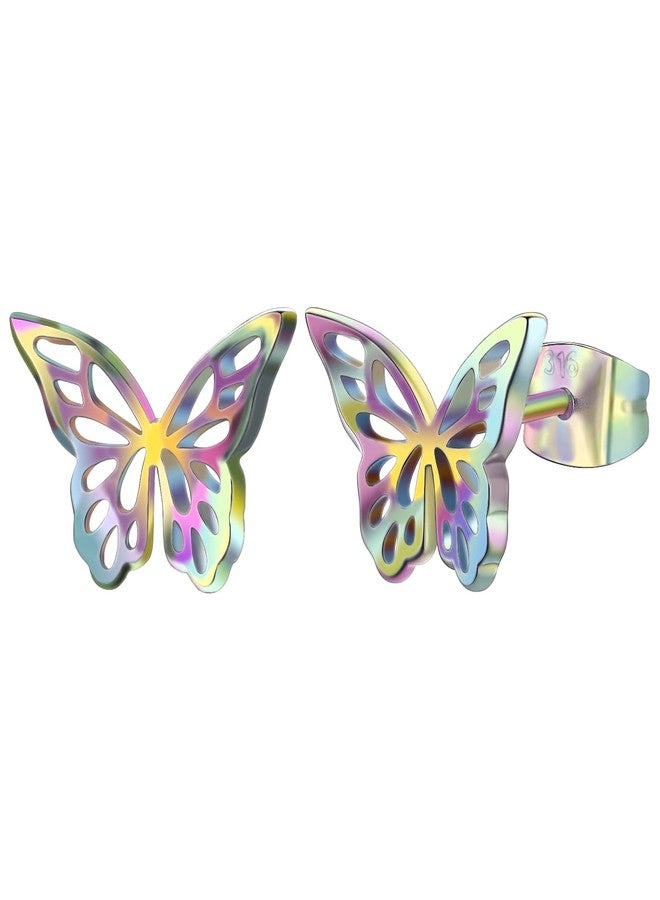 Hopply Dainty Gold Rainbow Butterfly Stud Earrings for Women Hypoallergenic 20G Surgical Stainless Steel Post Cartilage Earrings Trendy Jewelry for Sensitive Ears (1 Pairs Rainbow-B) - Image 1
