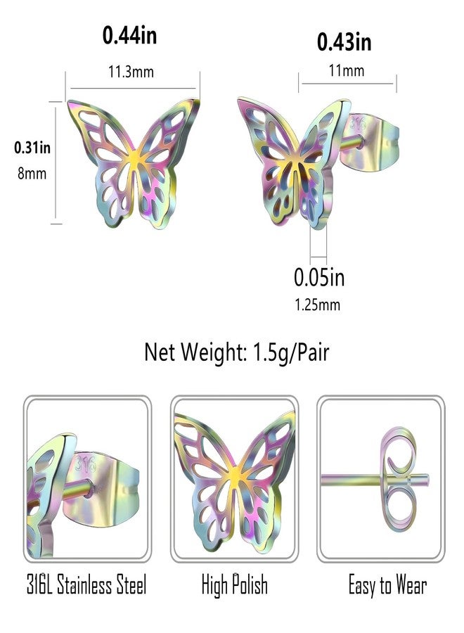Hopply Dainty Gold Rainbow Butterfly Stud Earrings for Women Hypoallergenic 20G Surgical Stainless Steel Post Cartilage Earrings Trendy Jewelry for Sensitive Ears (1 Pairs Rainbow-B) - Image 2