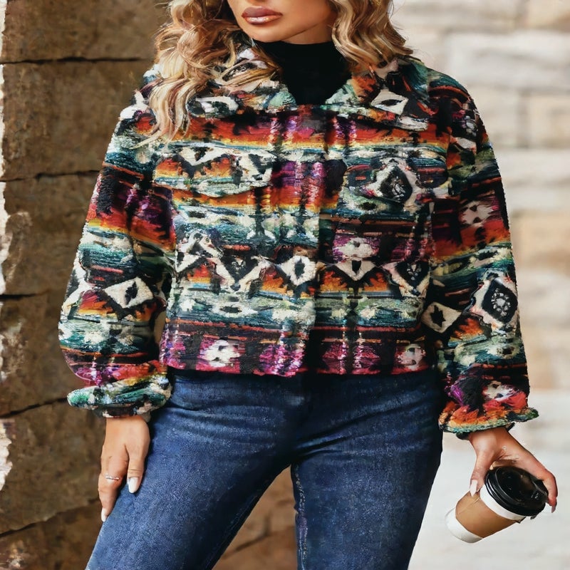 Ethnic Print Loose Long Sleeve Short Jacket for Women - Image 3