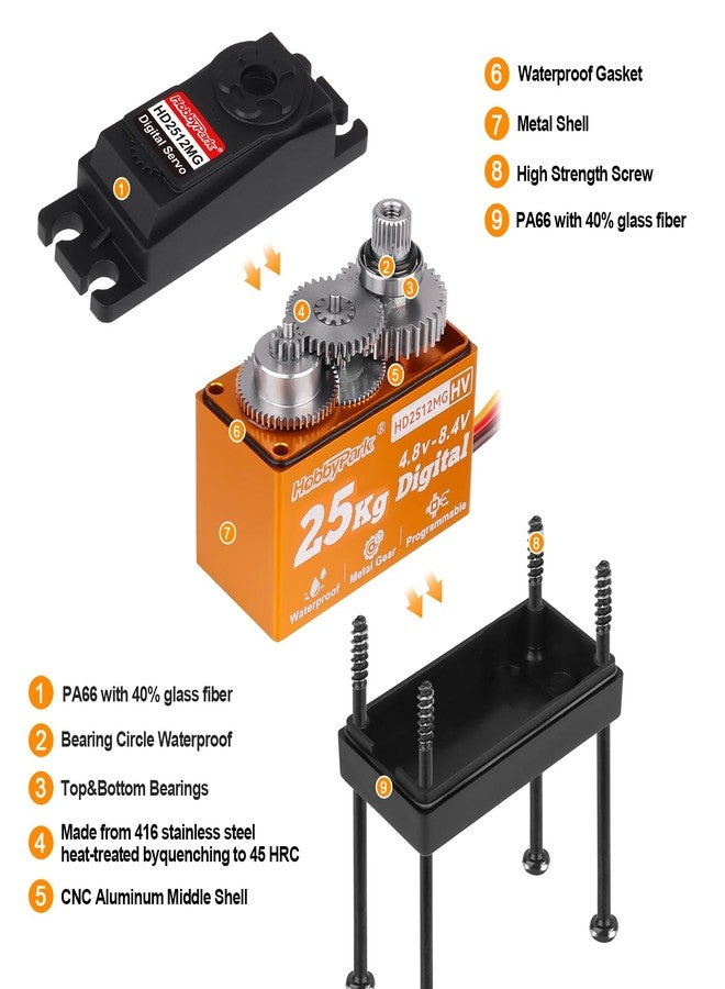 HobbyPark 25KG High Torque RC Servo Waterproof Full Metal Gears Steering Servo for 1/8, 1/10, 1/12 RC Cars Trucks Crawlers Robotic with 25T Servo Horn 180° Degree Programmable 8.4V HV (25kg Torque) - Image 3