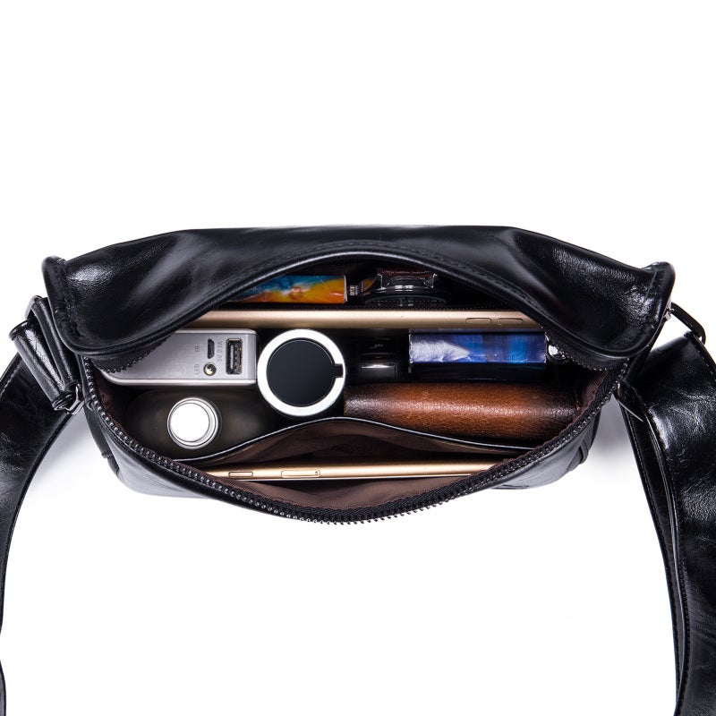Leather Bag: Black Large Capacity Leather Bag - Anti-Theft Pocket Adjustable Strap for Business Travel Casual Commuting College Shopping - Image 3