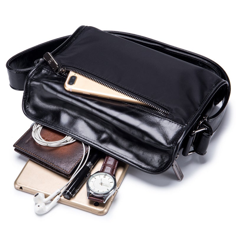 Leather Bag: Black Large Capacity Leather Bag - Anti-Theft Pocket Adjustable Strap for Business Travel Casual Commuting College Shopping - Image 2