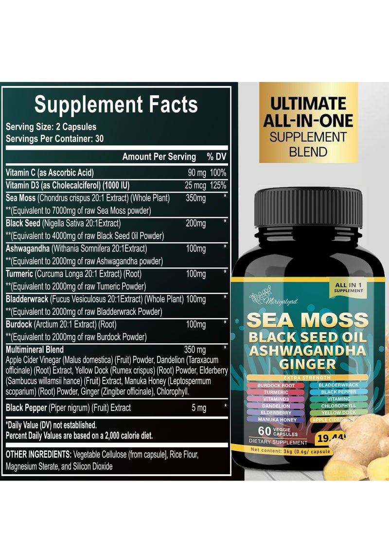 miriyalyad - Sea Moss Supplement -All-in-One Multivitamin with Black Seed Oil, Ashwagandha & 15+ Extra Strength Ingredients - 60 Capsules - Image 1
