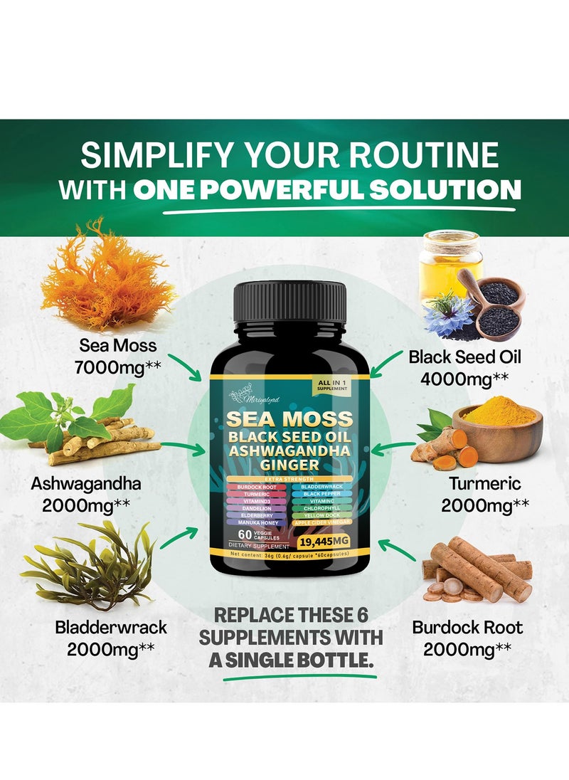 miriyalyad - Sea Moss Supplement -All-in-One Multivitamin with Black Seed Oil, Ashwagandha & 15+ Extra Strength Ingredients - 60 Capsules - Image 1