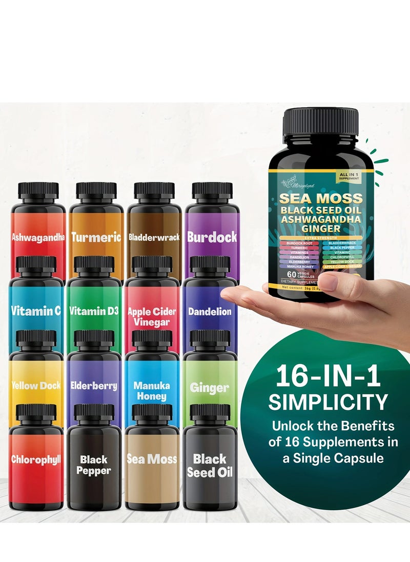 miriyalyad - Sea Moss Supplement -All-in-One Multivitamin with Black Seed Oil, Ashwagandha & 15+ Extra Strength Ingredients - 60 Capsules - Image 1