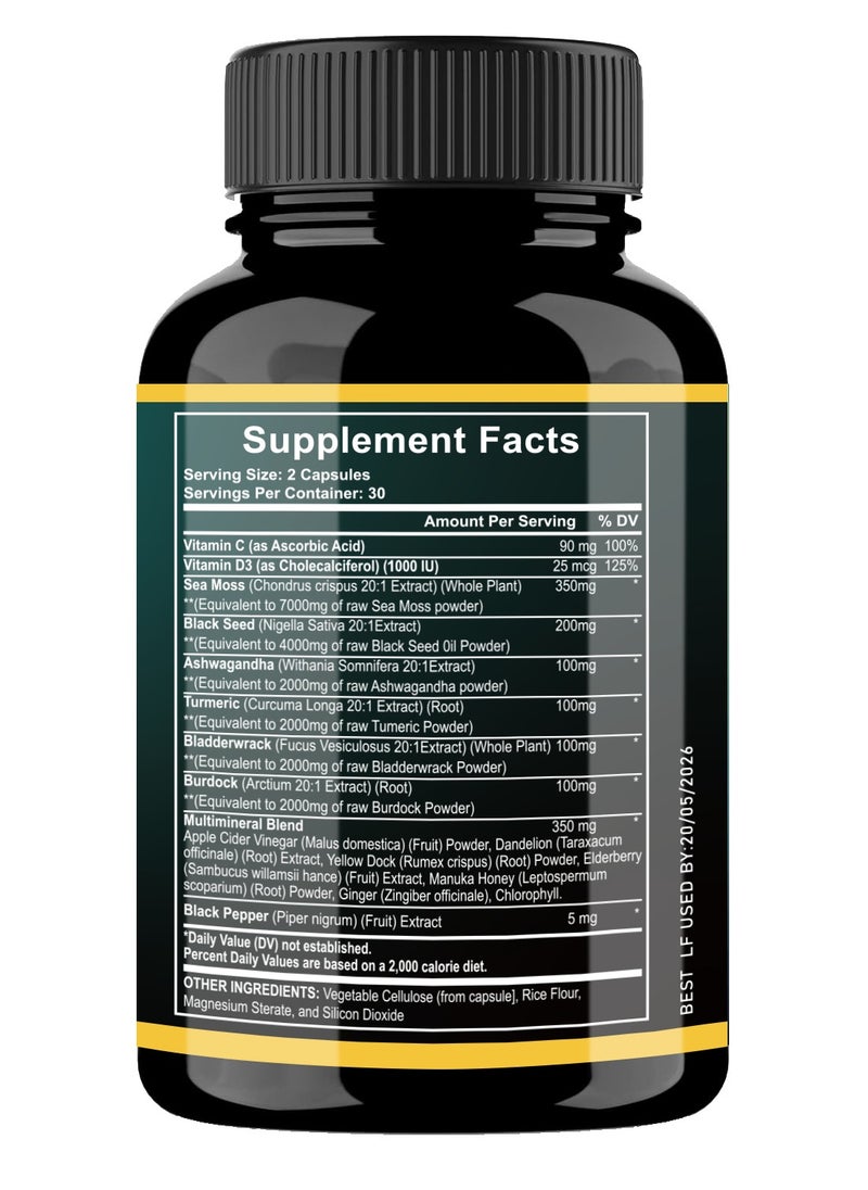 miriyalyad - Sea Moss Supplement -All-in-One Multivitamin with Black Seed Oil, Ashwagandha & 15+ Extra Strength Ingredients - 60 Capsules - Image 1