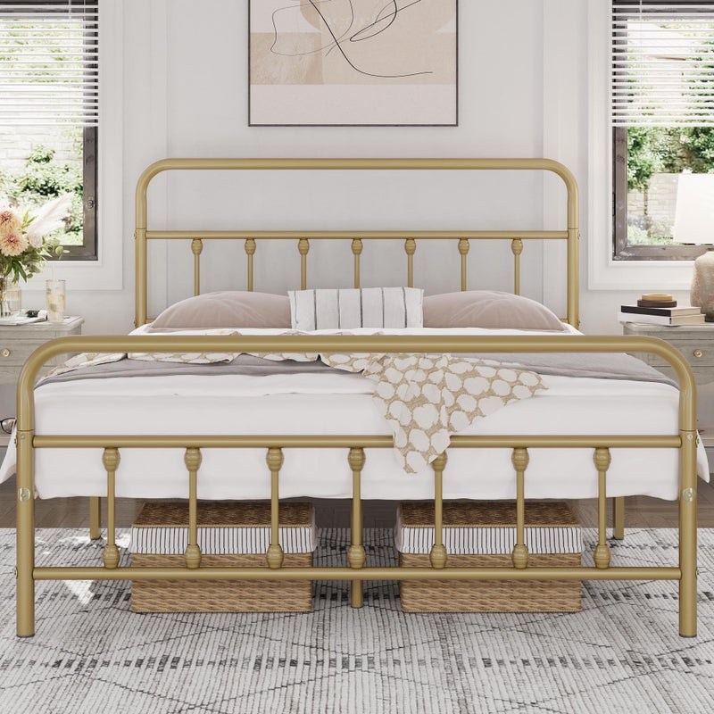 Yaheetech Classic Metal Platform Bed Frame Mattress Foundation with Victorian Style IronArt HeadboardFootboardUnder Bed Storage No Box Spring Needed Full Size Antique Gold