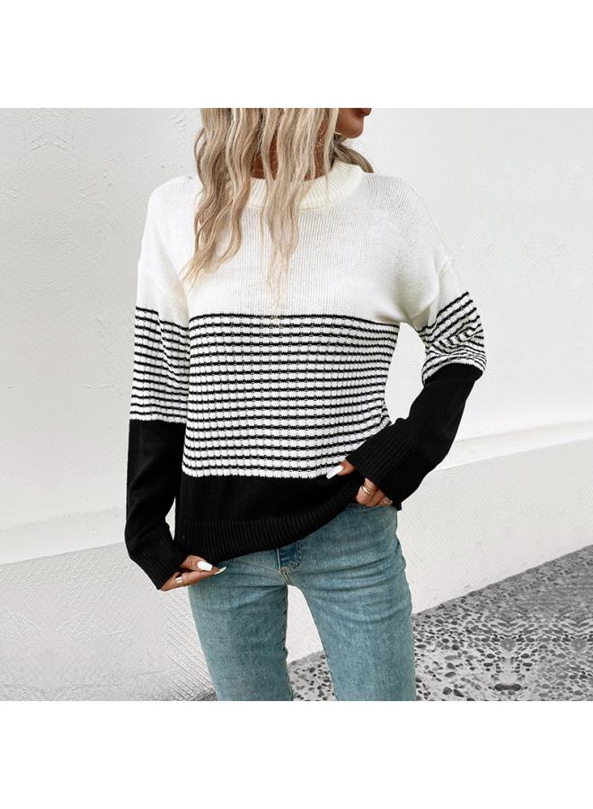 Pullover Sweater Autumn And Winter New European And American Women's Striped Contrast Sweater 
