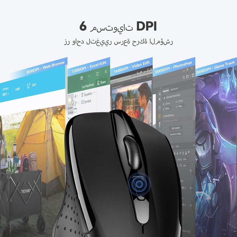 TECKNET Wireless Mouse, 2.4G Ergonomic Optical Mouse, Computer Mouse for Laptop, PC, Computer, Chromebook, Notebook, 6 Buttons, 24 Months Battery Life, 2600 DPI, 5 Adjustment Levels, Black - Image 4