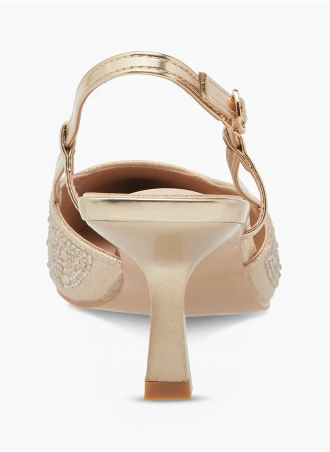 Flora Bella By Shoexpress Women Embellished Slingback Shoes with Flared Heels and Buckle Closure Ramadan Collection