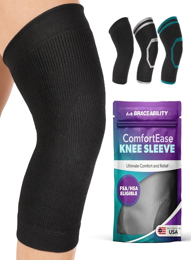 BraceAbility Knee Compression Sleeve for Women and Men - ComfortEase Knee Pain Brace Support for Arthritis, Swelling, Joint Stiffness, Recovery, All-Day Comfort and Relief (M - Black) - Image 1