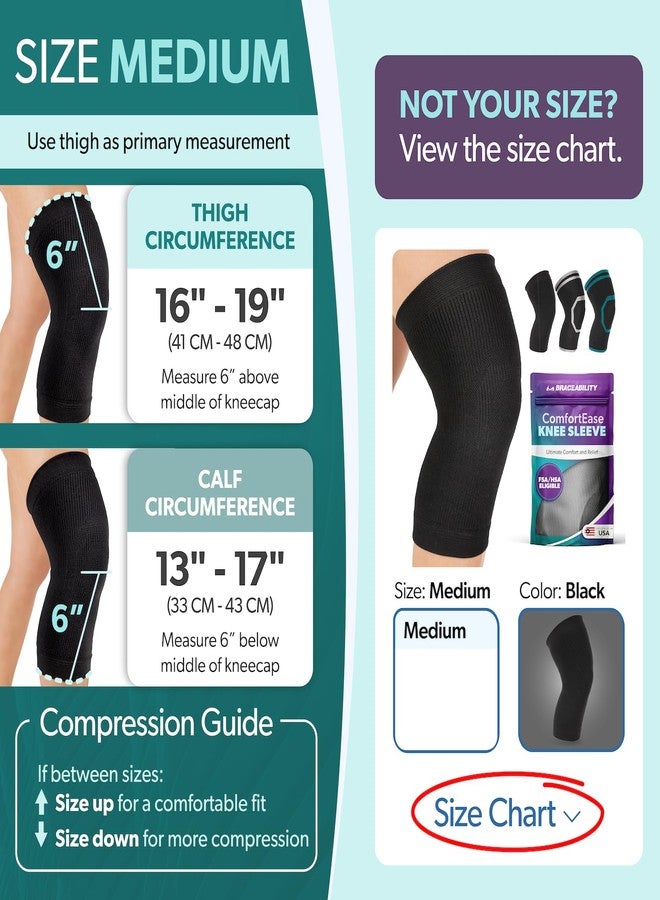 BraceAbility Knee Compression Sleeve for Women and Men - ComfortEase Knee Pain Brace Support for Arthritis, Swelling, Joint Stiffness, Recovery, All-Day Comfort and Relief (M - Black) - Image 2