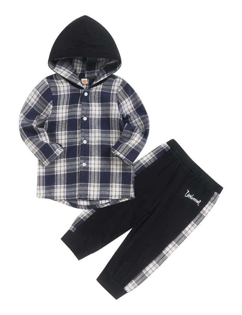 Fuermos Toddler Baby Boys Clothes Flannel Lattice Button Down Hooded Tops +Pants Boys Fall Winter Outfits(3-4T) - Image 1