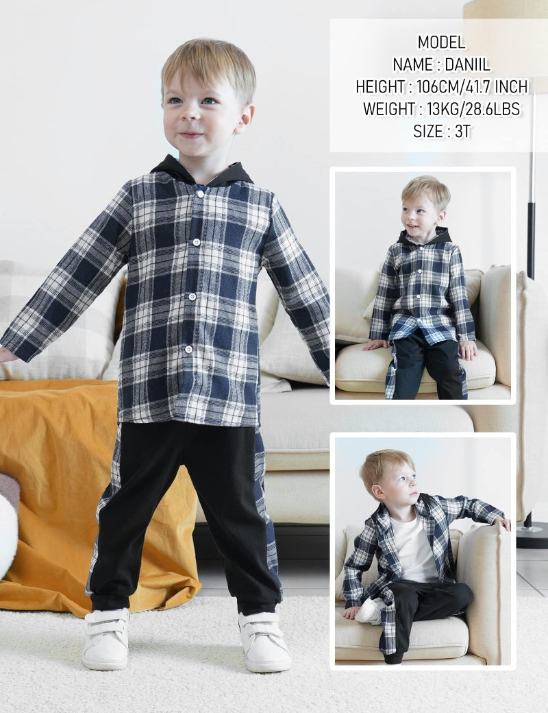 Fuermos Toddler Baby Boys Clothes Flannel Lattice Button Down Hooded Tops +Pants Boys Fall Winter Outfits(3-4T) - Image 3