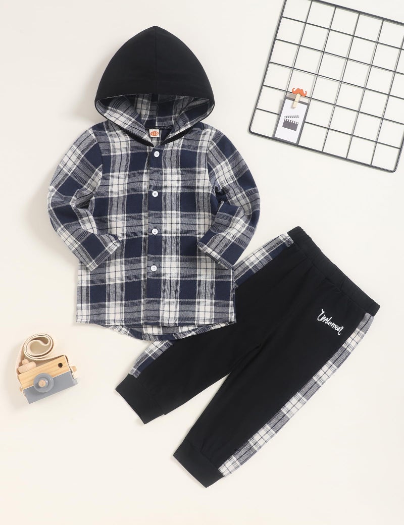Fuermos Toddler Baby Boys Clothes Flannel Lattice Button Down Hooded Tops +Pants Boys Fall Winter Outfits(3-4T) - Image 2