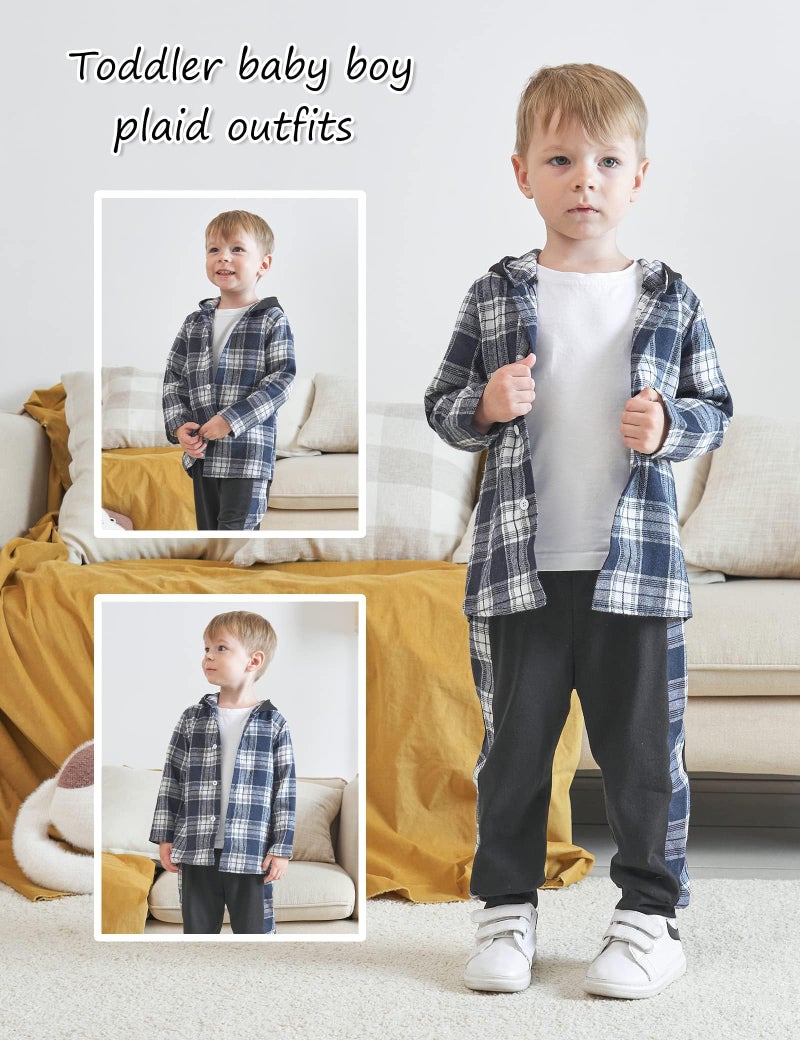 Fuermos Toddler Baby Boys Clothes Flannel Lattice Button Down Hooded Tops +Pants Boys Fall Winter Outfits(3-4T) - Image 4